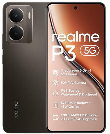 realme P3 5G Smartphone 8+256 GB Teléfono Móvil, Snapdragon® 6 Gen4 Chipset, Batería 5260mAh Carga Rápida de 45W,120Hz 6.67 AMOLED+ Pantalla, Cámara Triple de 50MP OIS con Dual SIM, Gris Moca