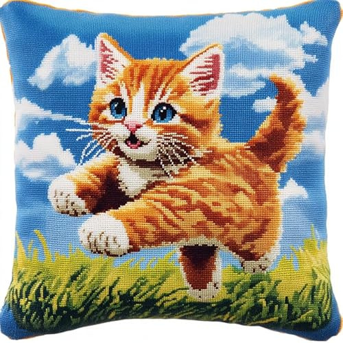 animale Kit di ganci a chiusura per cuscino,kit di ricamo,Gattino sull'erba,gancio di chiusura per cuscino principianti,federa per cuscino da divano,43x43cm