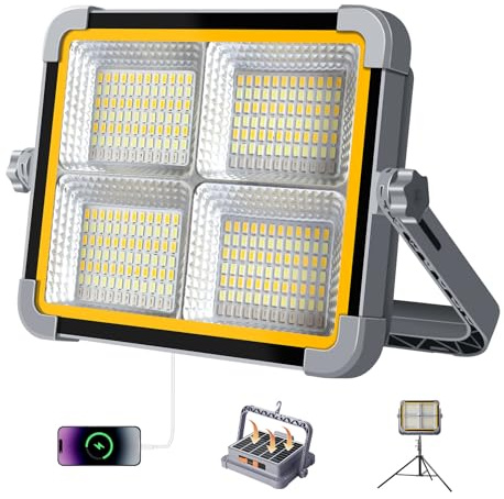 ERAY 150W Faro LED Ricaricabile 7800mAh - Portatile Faretto LED da Cantiere con Pannello Solare, 336 LED, 4 Modalità, IP66, Ideale per Emergenza, Campeggio, Riparazione, Garage