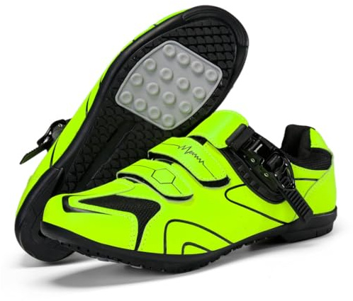 Treer Chaussure VTT Homme, Chaussures Velo 36-47 EU Chaussures de Cyclisme Homme et Femmes, VTT Velo Pas Crampons Gummiunterseite Antidérapants Semelle Dure (Vert Fluorescent,36)