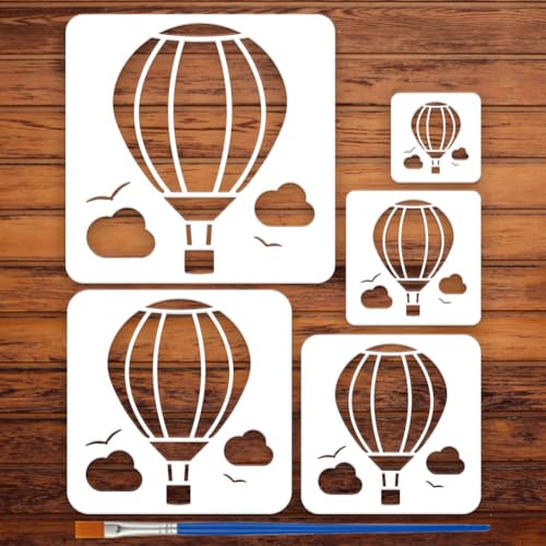 FINGERINSPIRE 5 Pz Stencil di Mongolfiere con Pennello, 5 Misure 10cm/15cm/20cm/25cm/30cm Modelli di Paracadute Temi Quotidiani Stencil per Pittura su Mobili Fai da Te, Pareti, Tessuto Decorazione