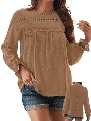 TUUHAW Ropa Mujer Talla Grande Camisetas Manga Larga Mujer Cuello Redondo Camisa Volantes Suelto Basic Blusas Casual Elegante Túnica Encaje Tops Color Sólido Estilo Retro Bordado T-Shirt Marrón 3XL