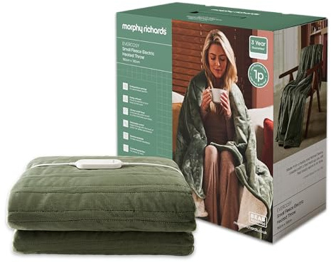 Morphy Richards EverCosy Fleece Electric Heated Throw Small, 160x130cm, 9 Heat Settings, Detachable, Teddy Fleece and Flannel Fleece, Overheat Protection, 610001, Green