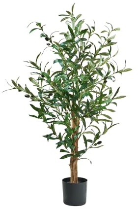 MB Muebles Bonitos, Ulivo Artificiale con Tronco Naturale e Vaso Nero, Pianta Decorativa Realistica per Interni, Foglie in PE con Olive, Altezza 100 cm, Decorazione per Casa e Ufficio