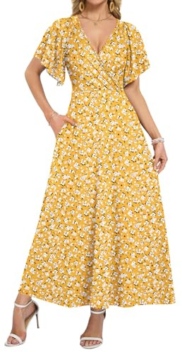 WNEEDU Robe Longue Portefeuille d'été pour Femme avec Poches et col en V | Robe longue élégante à manches volantées Robe pour invitée de mariage à taille empire Soirée Vacances