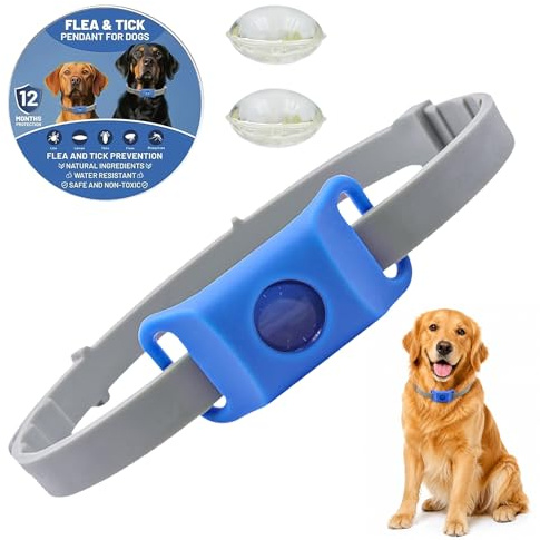 VHV Pets Collier Anti Puce et Tique Naturel pour Chien, Répulsif aux Huiles Essentielles avec 2 Capsules Remplaçables, Collier Réglable sans Contact Direct Peau, Compatible AirTag (Bleu)