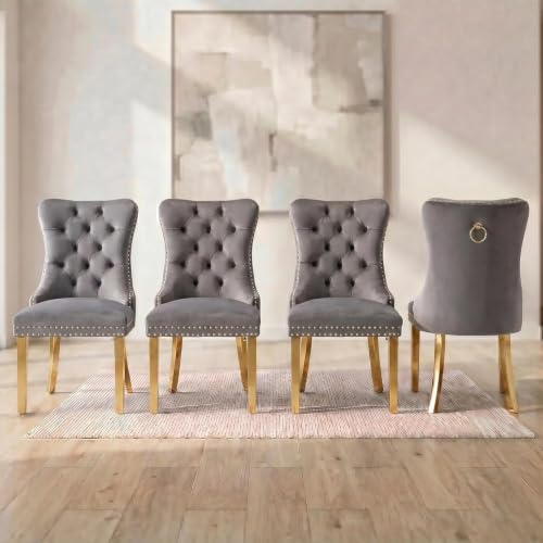 HomeTouch Set of 4 Luxury Velvet Kitchen Dining Chairs Upholstered Knocker Wing Back Chairs with Gold Steel Legs for Dining Room, Home Office, Hand Made (4, Grey Gold)