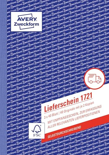 AVERY Zweckform 1721 Lieferschein mit Empfangsschein (A5, 3x40 Blatt, selbstdurchschreibend mit farbigem Durchschlag, zur Erfassung aller relevanten Lieferpositionen) weiß/gelb/rosa