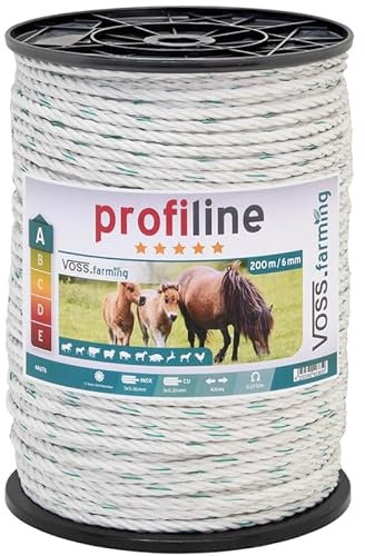 VOSS.farming Weidezaunseil 200m 6mm, 3x0,30 Kupfer, 3x0,3 NIRO, Weiß Grün Elektrozaunseil Weidezaunanlage Leitermaterial Pferd Pony Rind