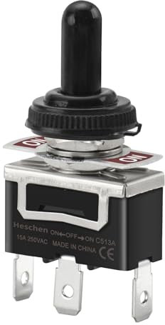 Heschen Interrupteur à bascule en métal, C513A, SPDT, maintenu (enclenché), ON/OFF/ON 3 positions, 15A 250VAC, 3 languettes, CE, avec capuchon étanche