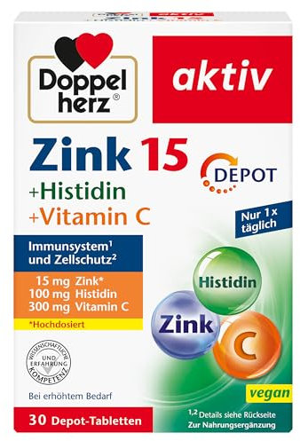 Doppelherz Zink 15 + Histidin + Vitamin C - 15 mg Zink als Beitrag für die normale Funktion des Immunsystems und für den Erhalt normaler Haut - 30 vegane Depot-Tabletten