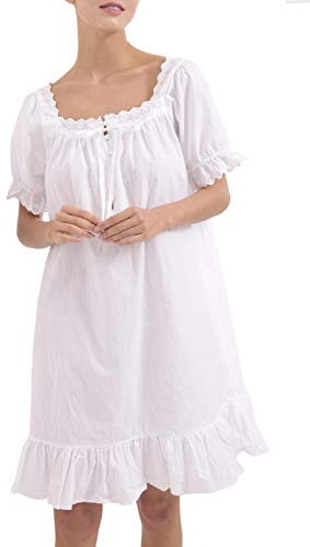 Womens Nightdress 100% Cotton Nightwear Sleepwear Victorian Vintage Nightgown Pajamas Sleep Shirt (White-short, M)
