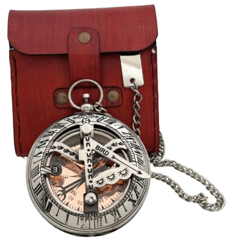 Handcrafted Vintage Brass Sundial Compass – Antique Nautical Sun Clock with Leather Case – Engraved Collectible Brass Compass Gift for Men - Nautical Gifts for Men, Best Anniversary Vintage Gifts