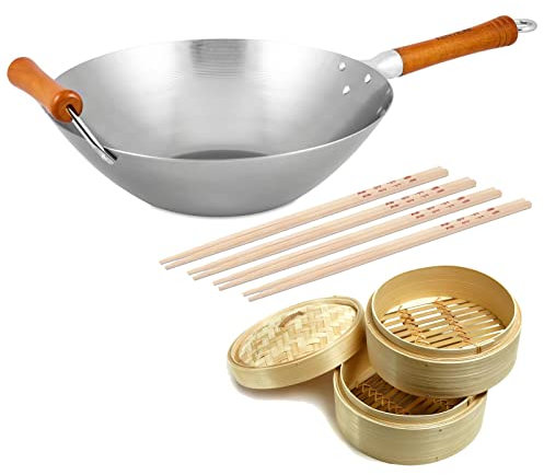 Ken Hom großer Wok 32 cm Induktion unbeschichteter Karbonstahl mit Holz-Griff - Wokpfannen Set inkl. Dampfkorb Ø 20 cm & 8 Stäbchen