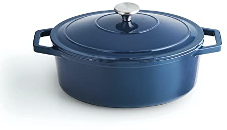 Qulinart by Brandt - Cocotte en Fonte d'Acier Individuelle Couvercle en Fonte avec Bouton en Inox - Convient pour Induction - Passe au Four - Bleu (Ovale)