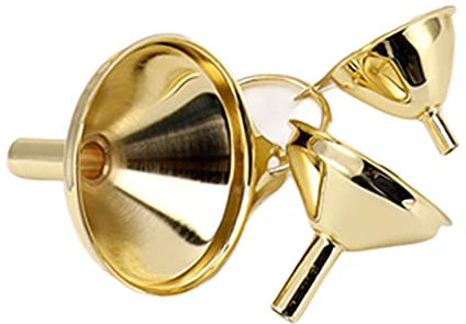 3 Teiliges Goldenes Edelstahl Trichter Set, Einseitiger Griff mit Gebogenem Körper, Schmaler Stiel Verhindert Verschütten, Polierte Innen und Außenseite, Glatte Oberfläche Zum Einmachen