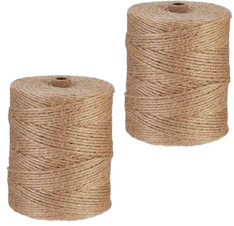 Relaxdays Juteschnur 3 mm, 2 Rollen Jutegarn je 300 m, biologisch abbaubar, Basteln, Garten, Verpackung, Kordel, Natur
