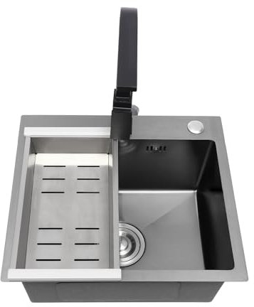 Shiyinge 40X45Cm ÉVier Cuisine Evier Inox 1-Bac Avec Savon Egouttoir Panier D'éGouttage Robinet Rotatif Chaude Froide Mobilier Encastré Meubles Kit Encastrer Comptoir Montage Lavabo Moderne Gris noir