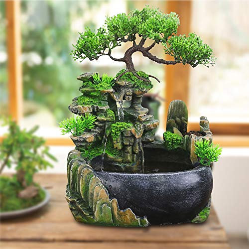 HarBin-Star inomhusfontän, vardagsrum skrivbord bonsai, bordsfontän vattenfall, trädgård akvarium harts skrivbordsfontän, rumsfontän med växter 28 x 20 x 15 cm