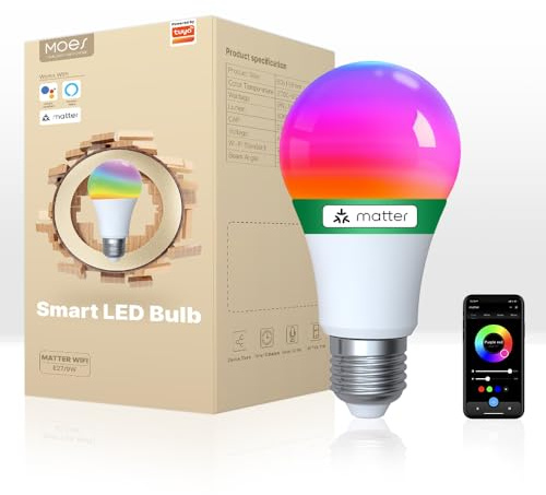 MOES Smart Glühbirne Matter E27, WLAN Alexa LED Lampe RGBCW, WW, mit Dimmbar, Musiksynchronisation, 16 Millionen Farben, kompatibel mit Apple HomeKit, SmartThings, Alexa, Google Home