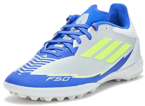 Adidas Unisex-Adult F50 League Messi Turf Soccer, Silver Metallic/Solar Yellow/Lucid Blue, 10