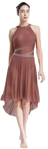 Yhong Balettklänning för kvinnor, lyrisk danskostym med mesh, asymmetrisk kjol, balett, tröja, bodyklänning, modern, dans, tyllklänning, Dämpad rosa, XL