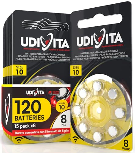 120 Pilas para Audífonos Tamaño 10 Udivita PR70 (Amarillo) Zinc-Aire Hearing Evolution con Tecnología Phono Pulse - 15 Blísteres de 8 Pilas