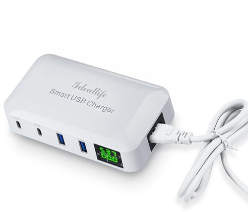 Ideallife Estación de carga USB de 4 puertos de 70 W, 12 A, 20 W PD y QC3.0, concentrador de cargador USB C con pantalla LCD para iPhone, iPad, Samsung, Huawei y más