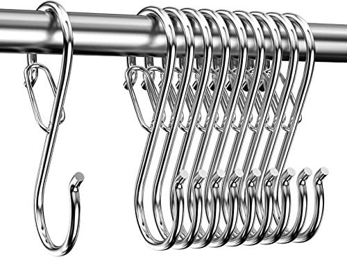 Newpop 10 Piezas Ganchos S con Hebilla de Seguridad, Gancho Acero Inoxidable de Metal Resistente, Doble Gancho diseño para Colgar Tazas, Cocina ollas y tazones, Armario Ropa, jardín Plantas, Plata