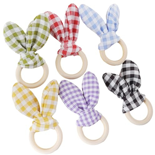 Belupai 6 unids Pascua colorido cuadros estilo madera Servilletas anillos, lindo conejito orejas Servilletas tela a cuadros hebilla de madera Servilletas titular Servilletas anillos para fiesta en