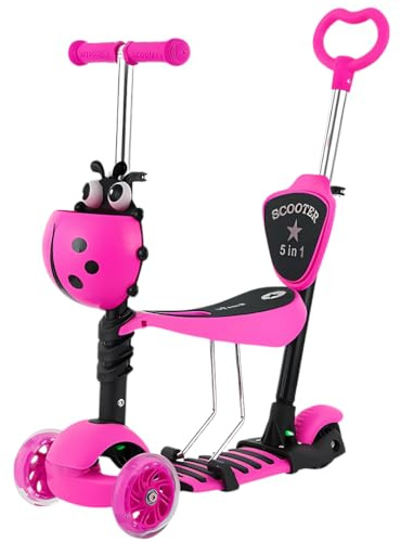 Trendi 5-in-1 Kids Scooter | Toddler Kick Scooter with Flashing LED Light-Up Wheels | 3-Wheel Scooter with Adjustable Handlebar, Removable Seat & Push Handle for Boys & Girls