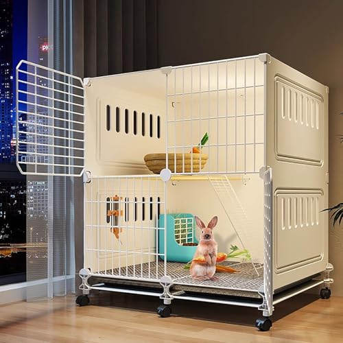 Large Rabbit Cage Indoor with Wheels - 2 Tier Bunny Hutch for Ferrets, Chinchillas, Squirrels, Cats | Extra-Large Small Animal Cage with Ventilation & Easy Assembly