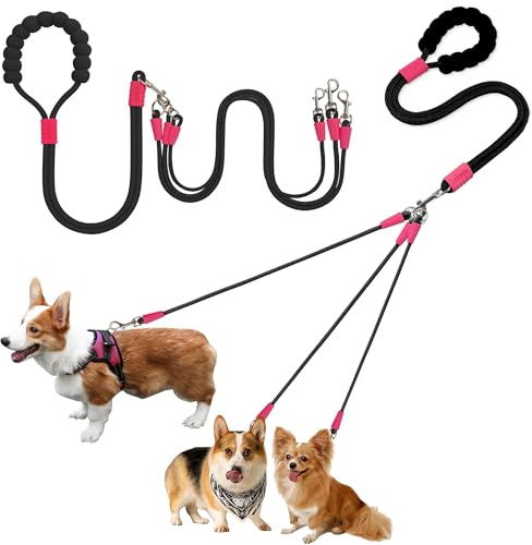 MZSX Guinzaglio per cani a 3 vie, regolabile e staccabile, rotazione di 360 gradi, rotazione libera senza nodi, con manico imbottito, per addestramento e passeggiate, cani di piccola e media taglia