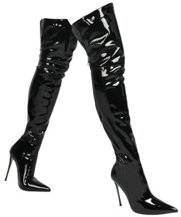 Noir,43,Cuissardes en Cuir Verni pour Femme, Cuissardes Sexy à Talons Aiguilles, Cuissardes de soirée, Grandes Tailles, Bottes Longues en PU avec Fermeture éclair à l'arrière