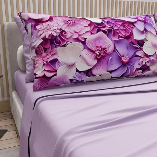 PETTI Artigiani Italiani - Lenzuola in Cotone con Federe in Stampa Digitale, Lenzuola Matrimoniali, Completo Letto Matrimoniale, Floreale 23 Lilla, 100% Made in Italy