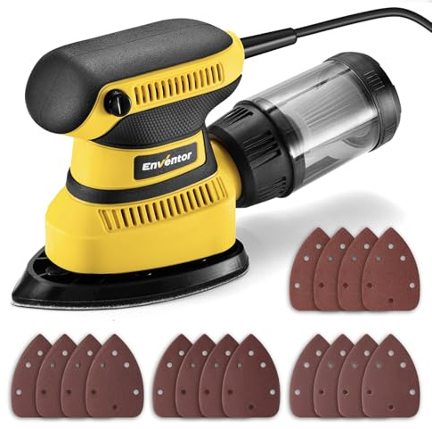 Enventor Lijadora Mouse 210W, Lijadora Madera con Velocidad 15000RPM, 16PCS Lija (80, 120, 180, 240 Grit), con Caja de Polvo, Lijadoras Delta Electrica para Lijar y Pulir Madera y Metal