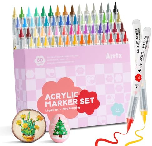 Arrtx Lot de 60 stylos de peinture acrylique pour roche, pointe pinceau feutres acryliques, marqueur acrylique, fournitures artistiques pour pierre, verre, œuf, bois, loisirs créatifs