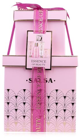 Accentra Badset SALSA ESSENCE OF BEAUTY för kvinnor, gel, bodylotion, scrub, tvål, svamp, ros- och körsbärsblommadoft, presentförpackning, lyx för kvinnor