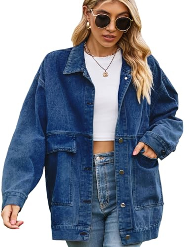 aromm Donna Oversize Denim Giacca Mezza Lunga Maniche Lunghe Outfit in Jeans, Blu Scuro, XXL