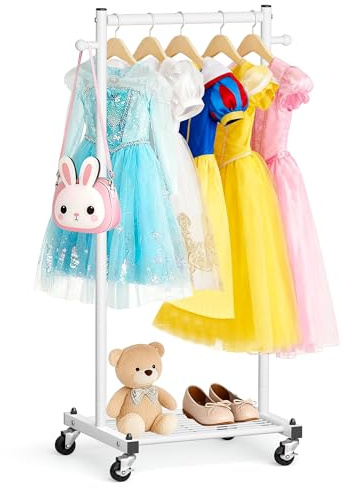 MISSLO Kids Clothing Rack for Small Space Kids Dress Up Storage with Shelf Short Baby Clothes Rack for Hanging Clothes & Dance Costumes Small Garment Rack for Closet, Wardrobe, White