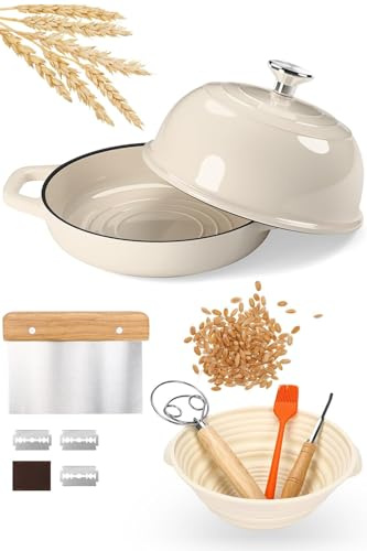 GFTIME Casseruola in ghisa per il pane, casseruola con coperchio, 5 quart olandese, teglia per il pane con cestello di lievitazione, monotagliere, frullatore per impasto, pentola in ghisa per cucina