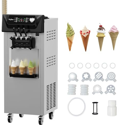 Commercial Ice Cream Machine 1+2 Flavor 2200W, 5.8-8 Gal/Hr Yield Vertical Soft Serve Ice Cream Machine With 2x7L Hopper 3 Dispensers, Auto Clean, LCD Display, for Restaurant Snack Bars Commerical Use