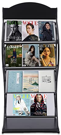jondanecy 4 Tiers Magazine Rack Floor Standing Literature Newspaper Comic Book Display Stand Magazine Brochure Holder Rack Floor Brochure Stand for Office School Reception Area (Black)