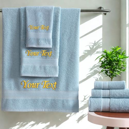 Hawmam Linen Personalized 3 Piece Towel Set – Customized Turkish Cotton Towels with Name or Initial, Monogrammed Embroidered Bathroom Towels for Home, Spa, Hotel & Gift Use – Light Blue