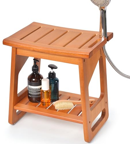 LyriFine Teak Shower Bench, Waterproof Shower Stool for Inside of Shower