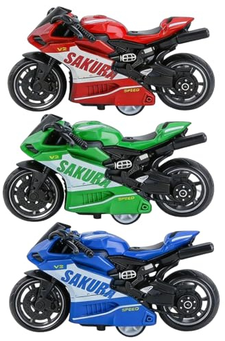 dienjason 3Pcs Motorcycle Model, Pull Back Motorcycle, Red Green Blue Color Collection, Racing Game Set for Hand Eye Coordination, Display Decor for Collectors