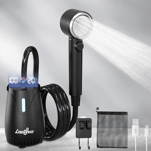 Campingdusche mit Akku & Pumpe, 8000mAh, bis zu 3h Outdoor Dusche, IPX8 Tauchpumpe, Camping Dusche mit Temperatur-/Akkuanzeige, 5 Stufen, Duschkopf, 2m Schlauch für Garten, Hund, Auto (Schwarz)