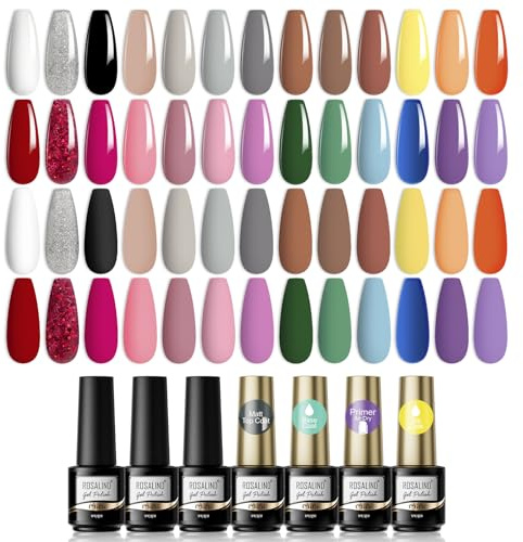 ROSALIND 30 PCS UV Nagellack Set, 26 Farben Gel Nagellack Rot Schwarz Weiß Rosa Nude Lila Grau Glitter Gel Nail Polish Nail Art mit Base Coat, Matt und Glänzende Top Coat & Primer