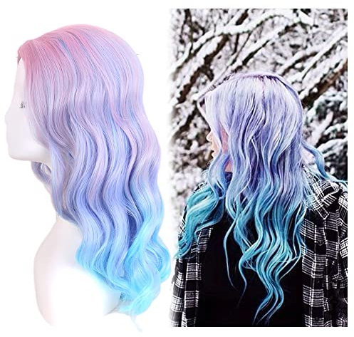 REEWES Lange Pastell Locken Perücken für Frauen Hitzebeständig Haar Natürliche Perücken für tägliche Cosplay Kostüm Party Karneval (Ombre Rosa Blau)