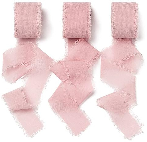 AOKSUNOVA Chiffonband gammalrosa 2,5 cm x 18,9 m | Mjukt och lätt chiffongband, 3 rullar, lämplig för presentförpackning, bröllop, buketter och dekorationer